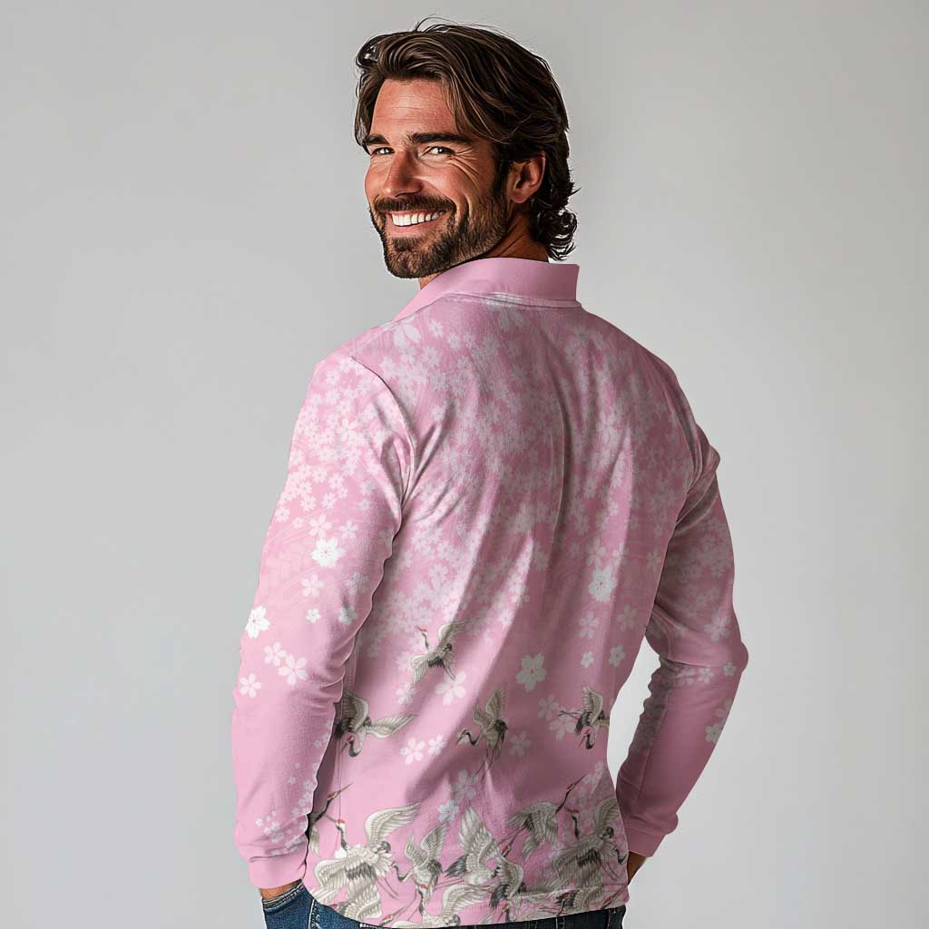 Cranes Sakura Floral Pink Pastel Long Sleeve Polo Shirt Hawaii Japan Culture LT01 - Polynesian Pride