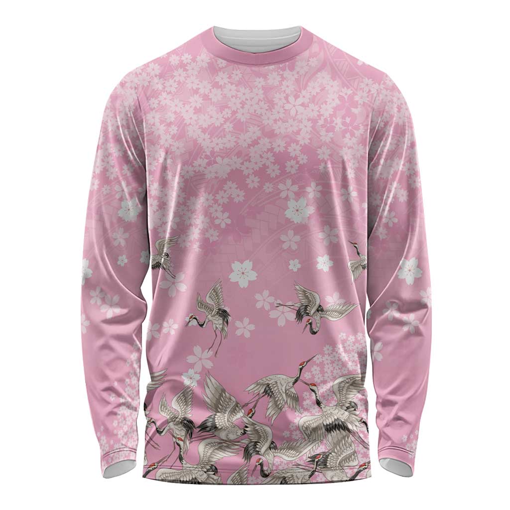 Cranes Sakura Floral Pink Pastel Long Sleeve Shirt Hawaii Japan Culture LT01 Unisex Pink - Polynesian Pride