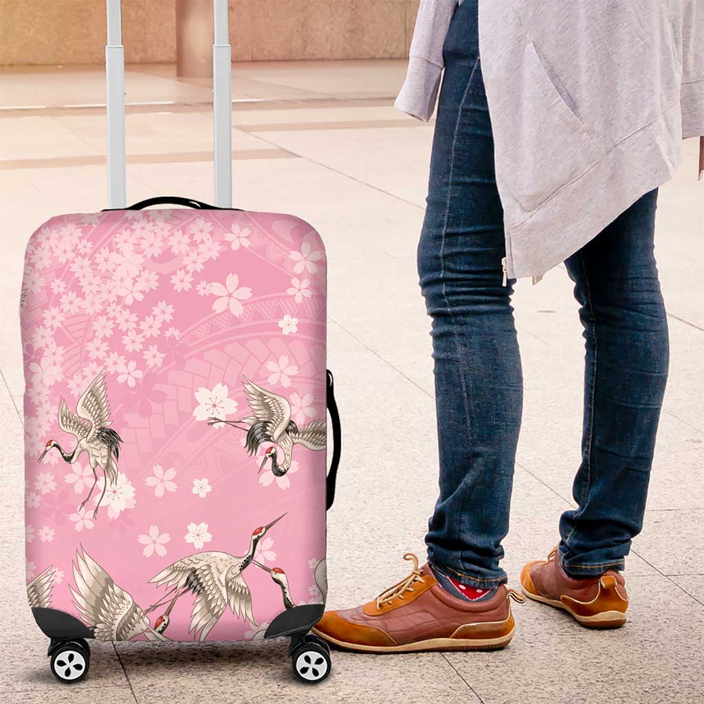 Cranes Sakura Floral Pink Pastel Luggage Cover Hawaii Japan Culture - Polynesian Pride