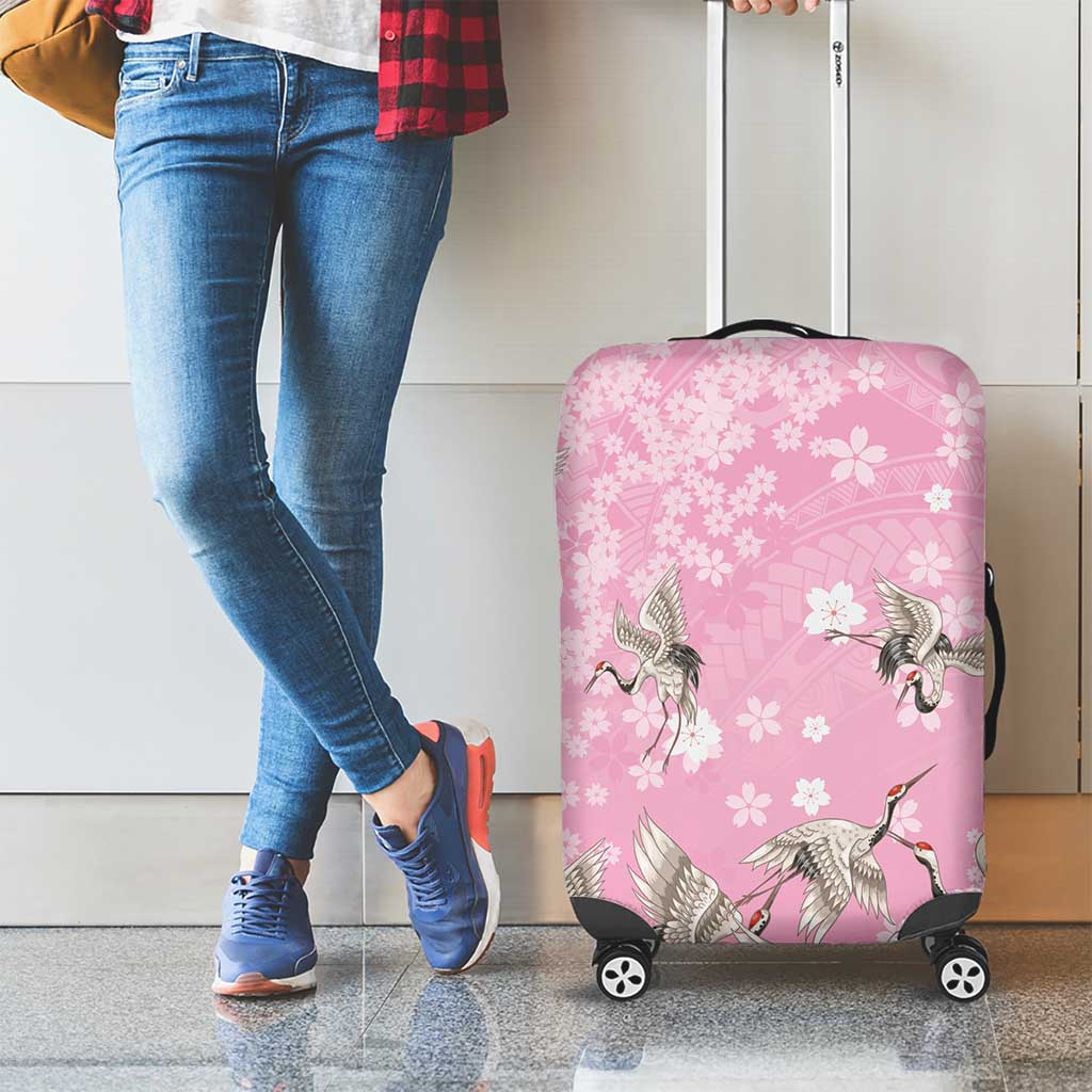 Cranes Sakura Floral Pink Pastel Luggage Cover Hawaii Japan Culture - Polynesian Pride