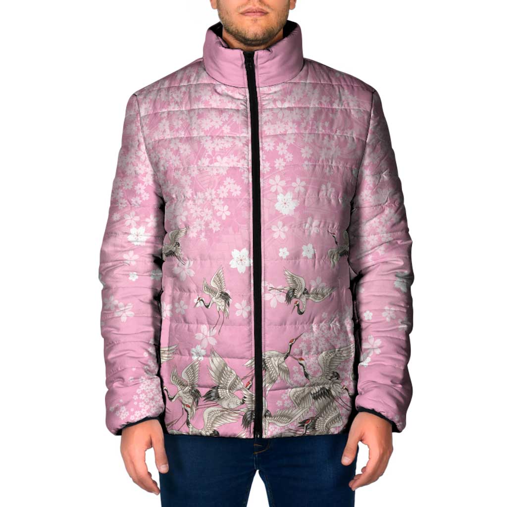 Cranes Sakura Floral Pink Pastel Padded Jacket Hawaii Japan Culture LT01 Men Pink - Polynesian Pride