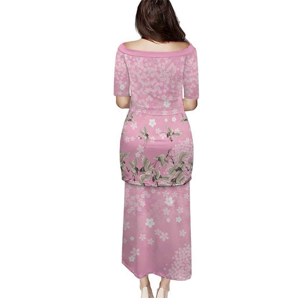Cranes Sakura Floral Pink Pastel Puletasi Hawaii Japan Culture - Polynesian Pride