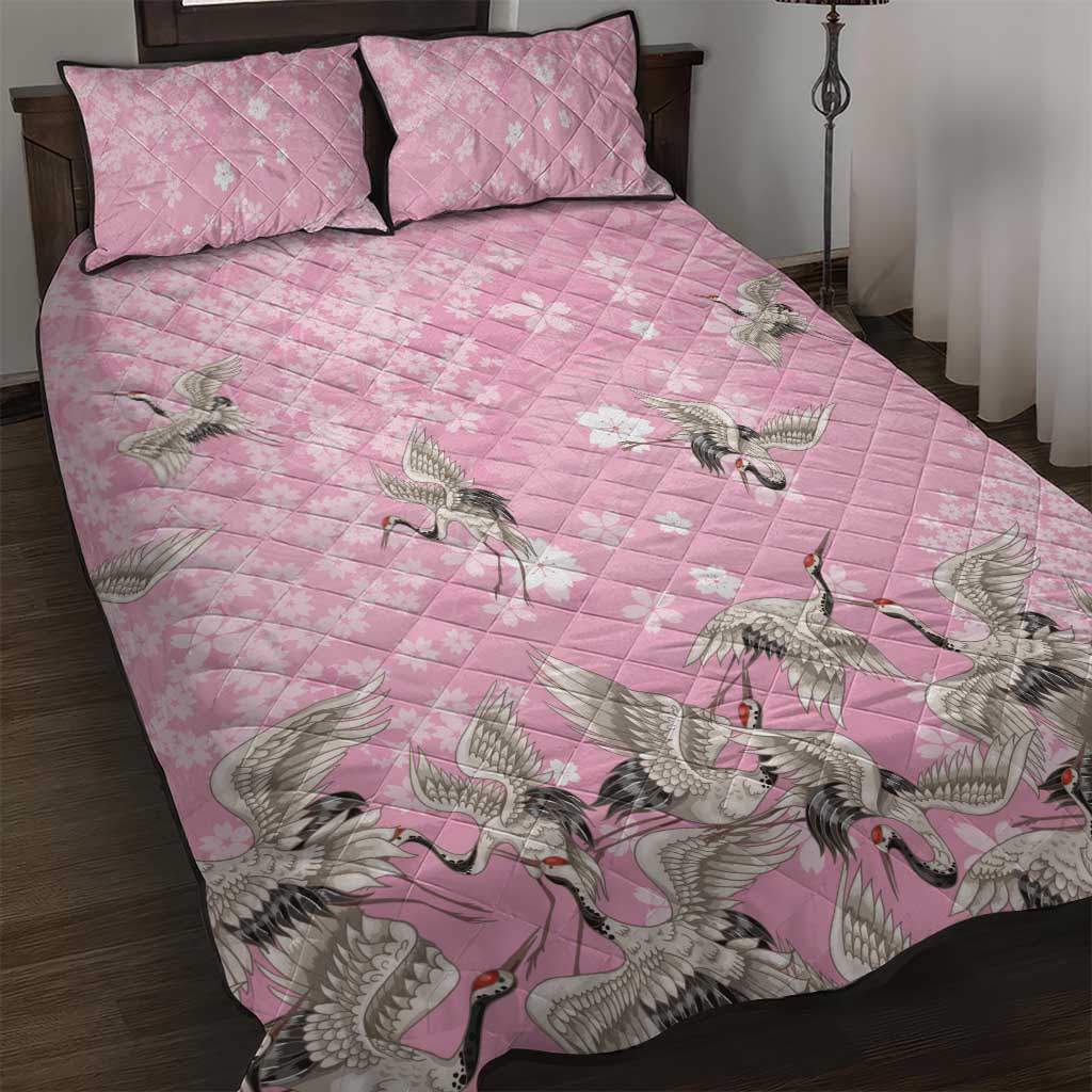 Cranes Sakura Floral Pink Pastel Quilt Bed Set Hawaii Japan Culture - Polynesian Pride