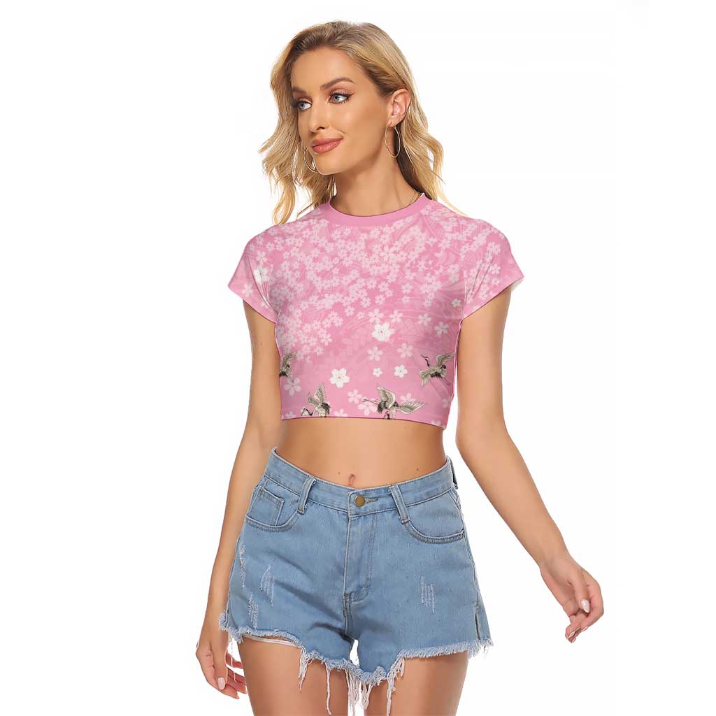 Cranes Sakura Floral Pink Pastel Raglan Cropped T Shirt Hawaii Japan Culture LT01 Female Pink - Polynesian Pride