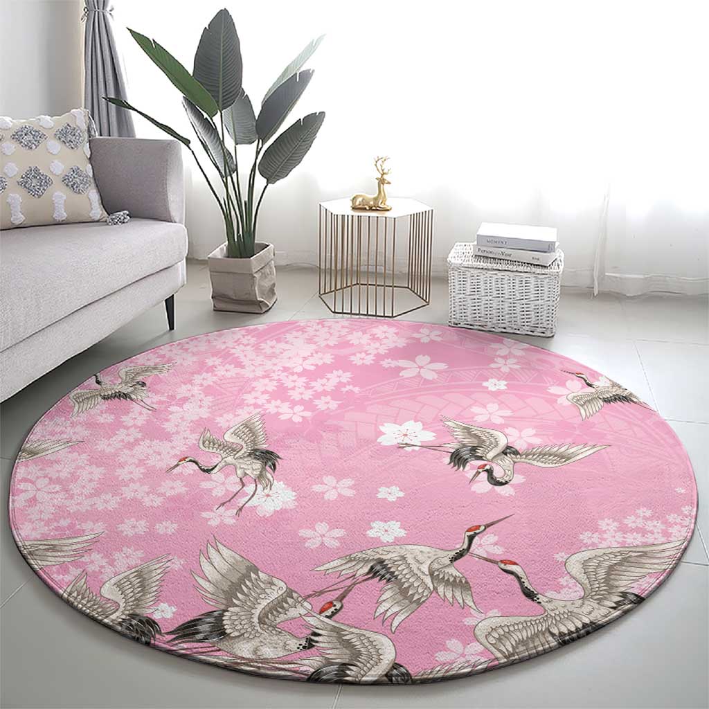 Cranes Sakura Floral Pink Pastel Round Carpet Hawaii Japan Culture - Polynesian Pride