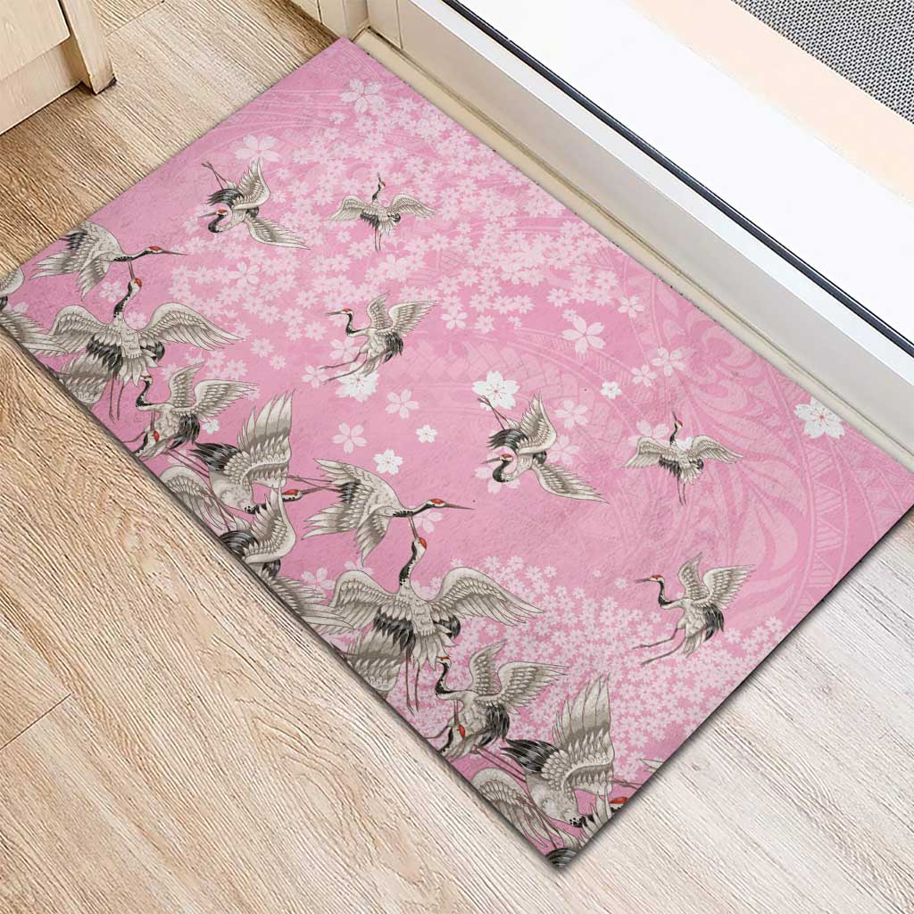 Cranes Sakura Floral Pink Pastel Rubber Doormat Hawaii Japan Culture LT01 - Polynesian Pride