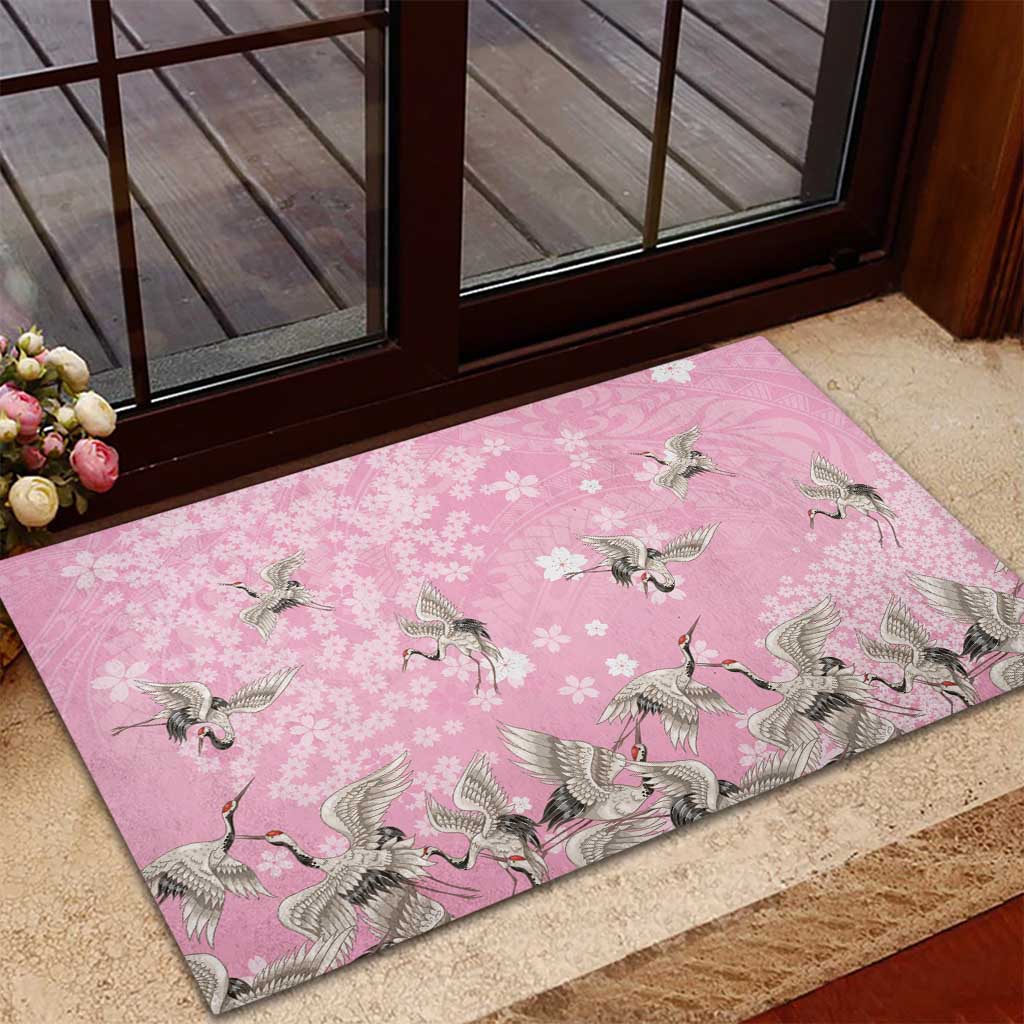 Cranes Sakura Floral Pink Pastel Rubber Doormat Hawaii Japan Culture LT01 - Polynesian Pride