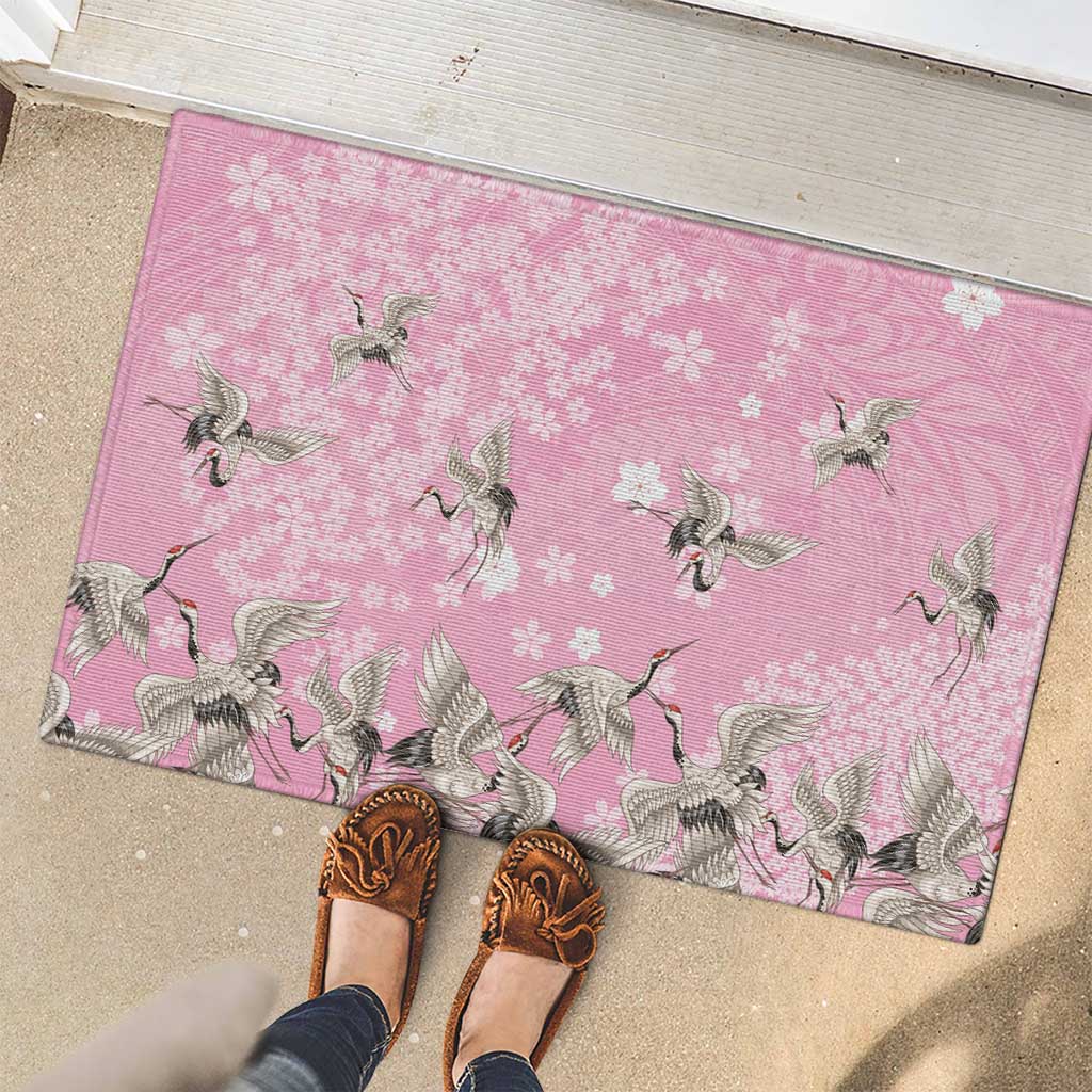 Cranes Sakura Floral Pink Pastel Rubber Doormat Hawaii Japan Culture LT01 - Polynesian Pride