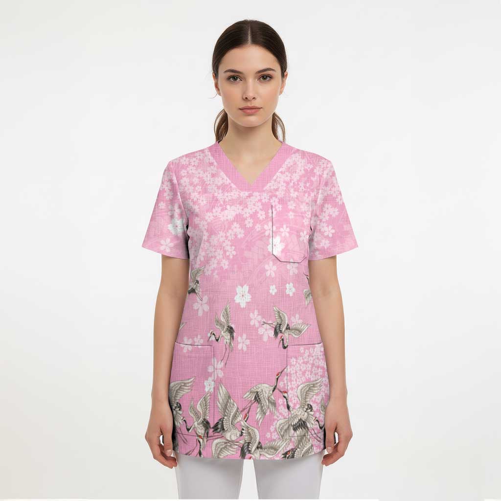 Cranes Sakura Floral Pink Pastel Scrub Top Hawaii Japan Culture LT01 - Polynesian Pride