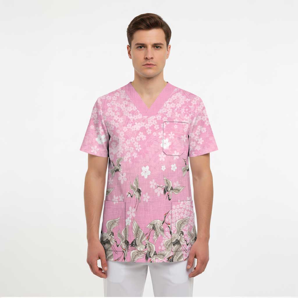 Cranes Sakura Floral Pink Pastel Scrub Top Hawaii Japan Culture LT01 - Polynesian Pride