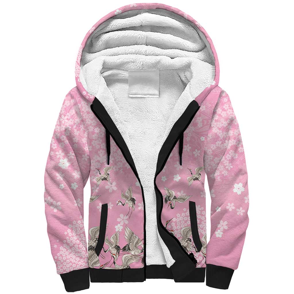 Cranes Sakura Floral Pink Pastel Sherpa Hoodie Hawaii Japan Culture - Polynesian Pride