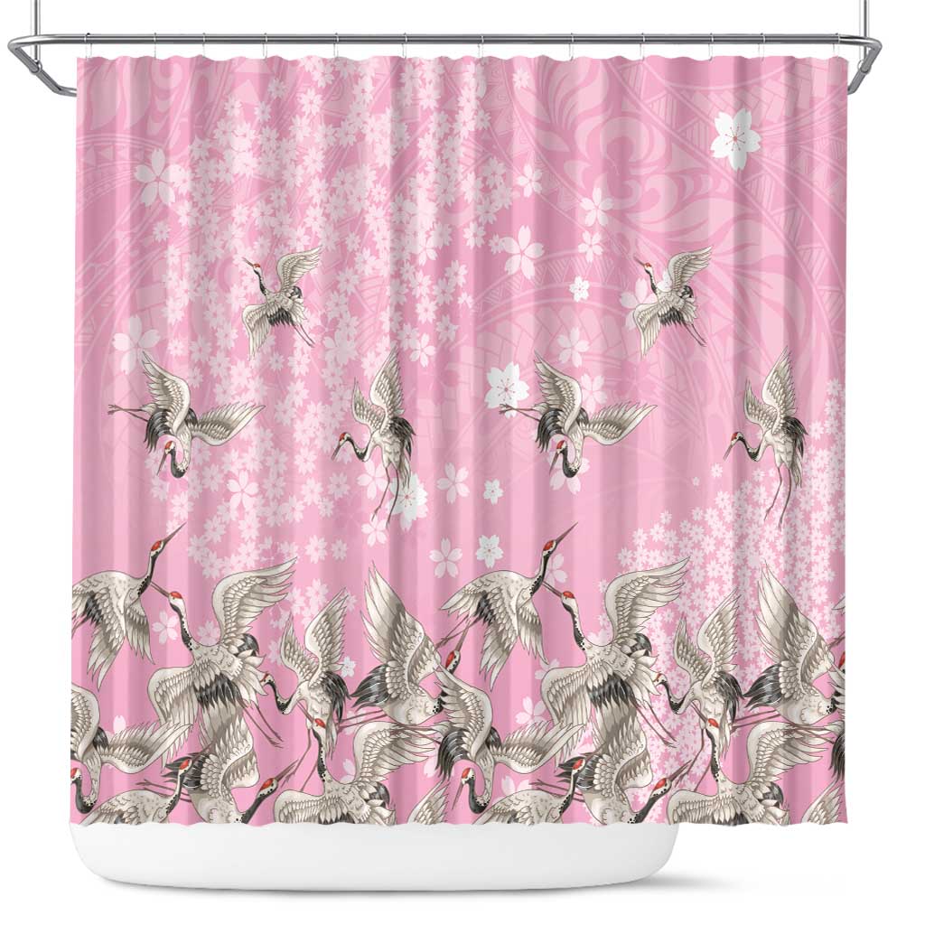 Cranes Sakura Floral Pink Pastel Shower Curtain Hawaii Japan Culture - Polynesian Pride