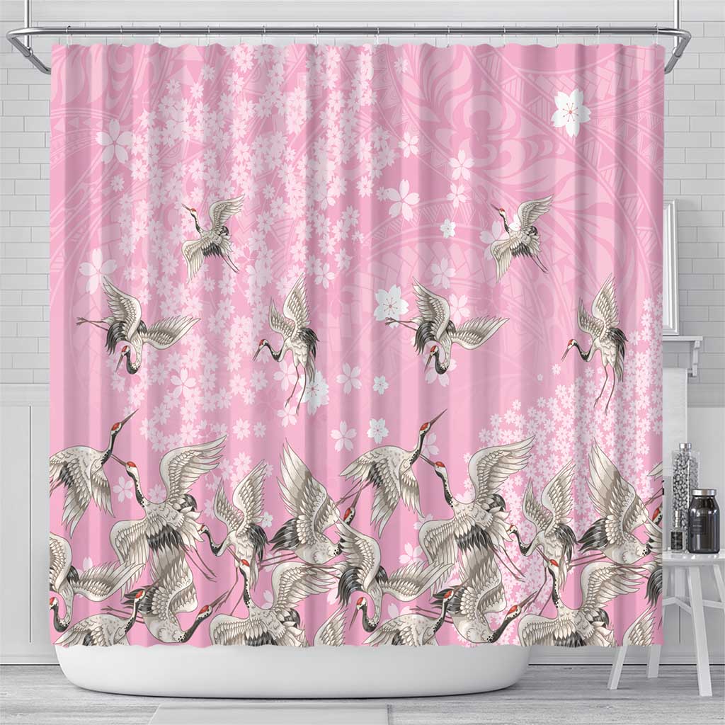 Cranes Sakura Floral Pink Pastel Shower Curtain Hawaii Japan Culture - Polynesian Pride