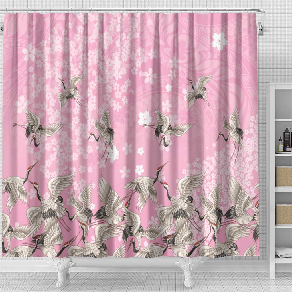 Cranes Sakura Floral Pink Pastel Shower Curtain Hawaii Japan Culture - Polynesian Pride