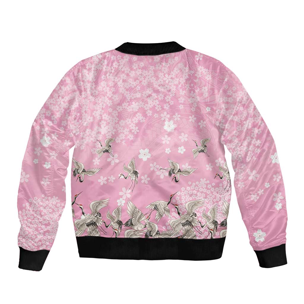 Cranes Sakura Floral Pink Pastel Sleeve Zip Bomber Jacket Hawaii Japan Culture - Polynesian Pride