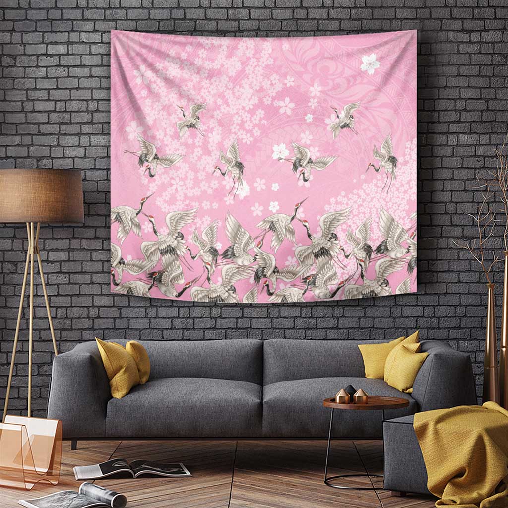 Cranes Sakura Floral Pink Pastel Tapestry Hawaii Japan Culture - Polynesian Pride