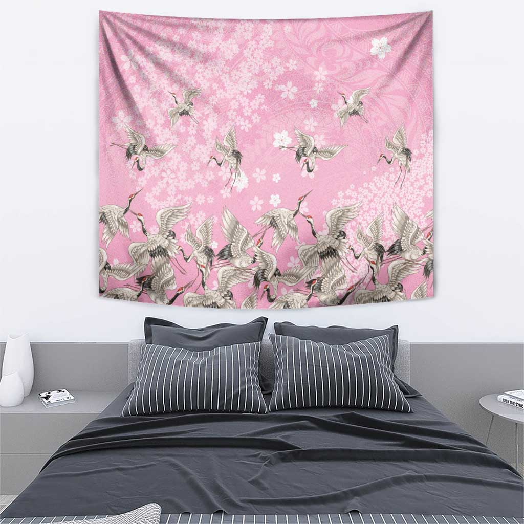 Cranes Sakura Floral Pink Pastel Tapestry Hawaii Japan Culture - Polynesian Pride