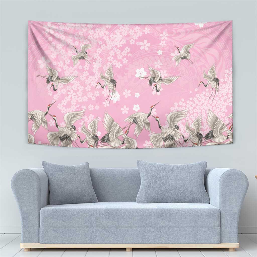 Cranes Sakura Floral Pink Pastel Tapestry Hawaii Japan Culture - Polynesian Pride