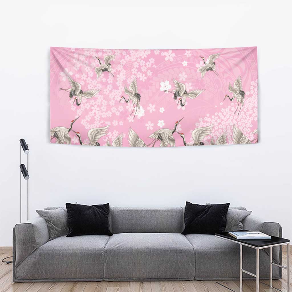 Cranes Sakura Floral Pink Pastel Tapestry Hawaii Japan Culture - Polynesian Pride