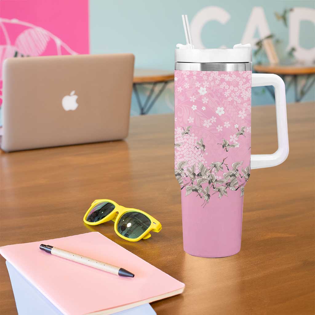 Cranes Sakura Floral Pink Pastel Tumbler With Handle Hawaii Japan Culture - Polynesian Pride