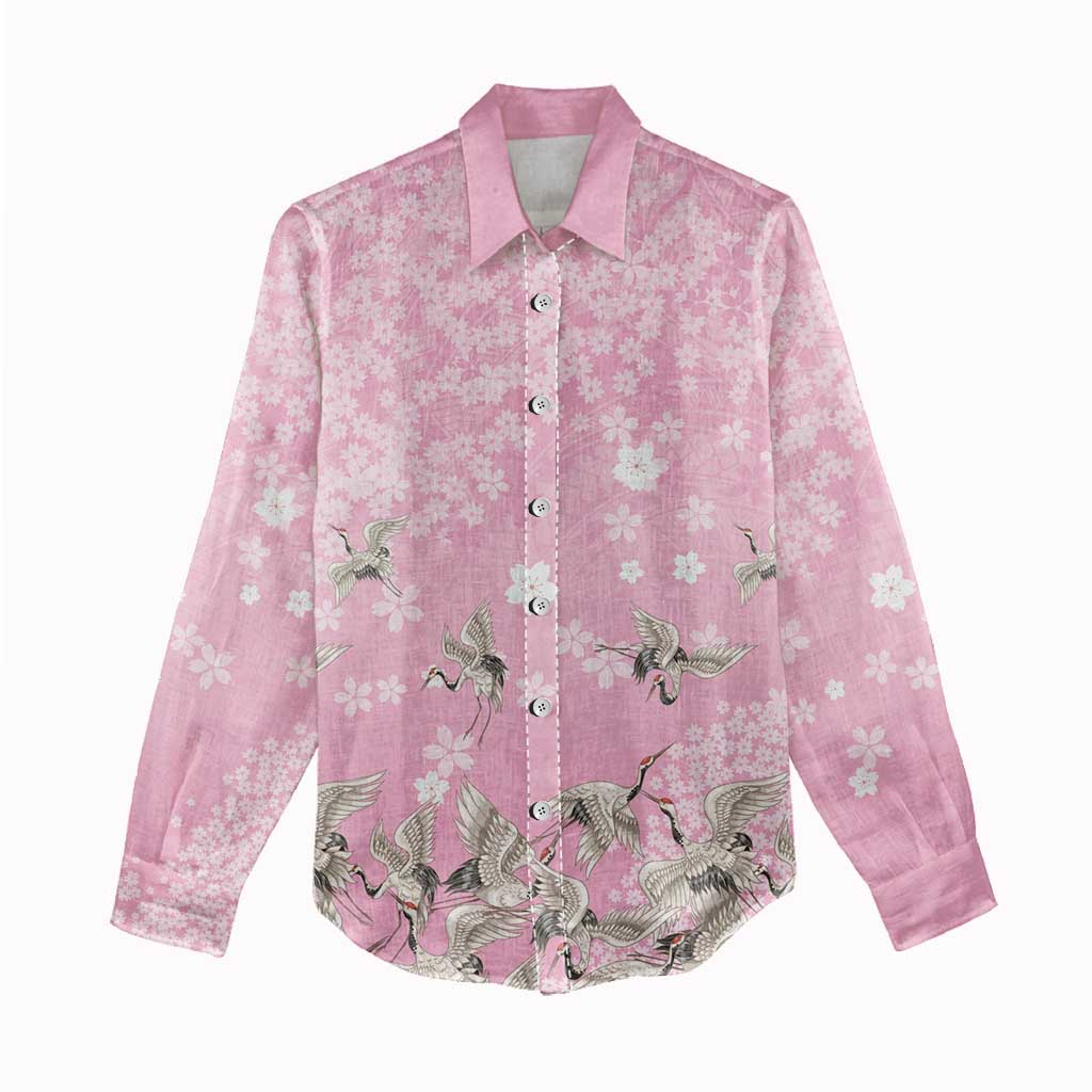 Cranes Sakura Floral Pink Pastel Women Casual Shirt Hawaii Japan Culture - Polynesian Pride