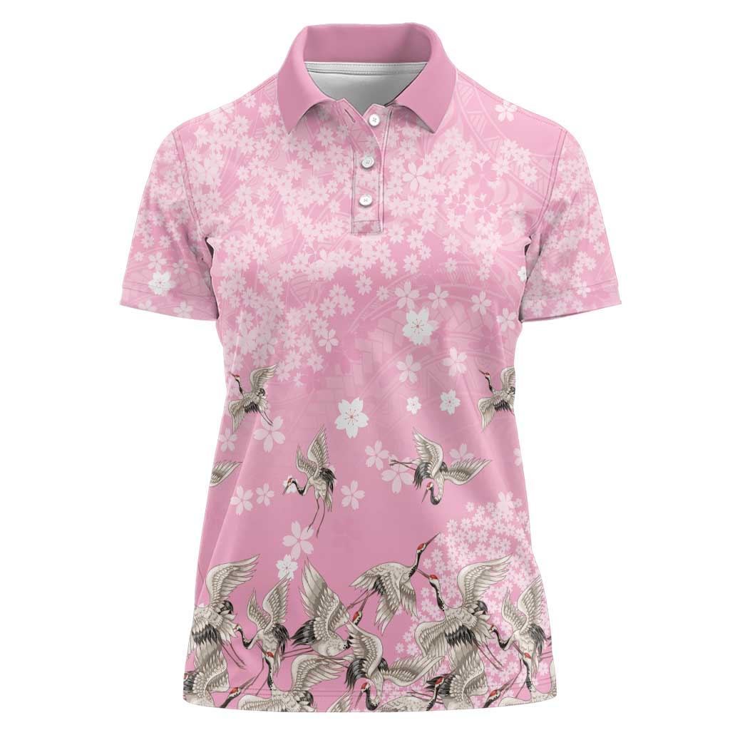 Cranes Sakura Floral Pink Pastel Women Polo Shirt Hawaii Japan Culture - Polynesian Pride