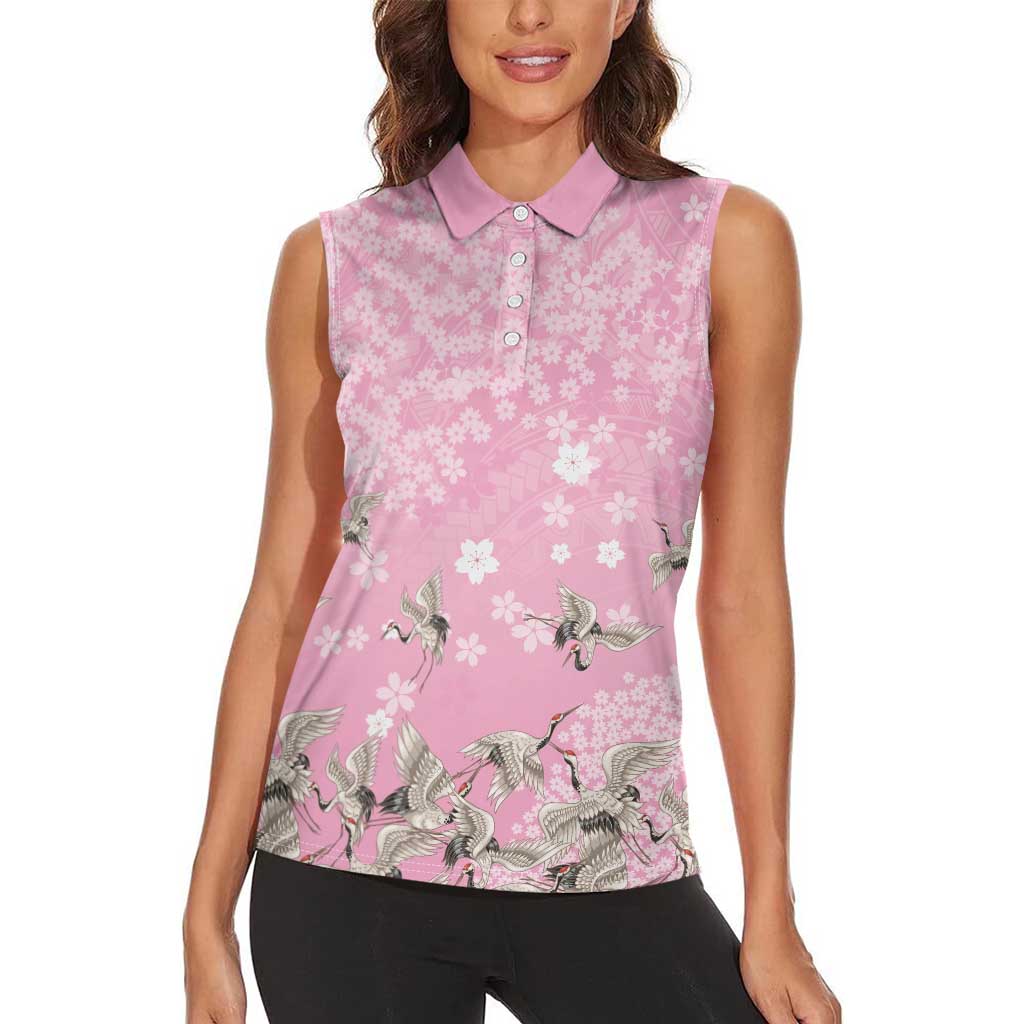 Cranes Sakura Floral Pink Pastel Women Sleeveless Polo Shirt Hawaii Japan Culture - Polynesian Pride