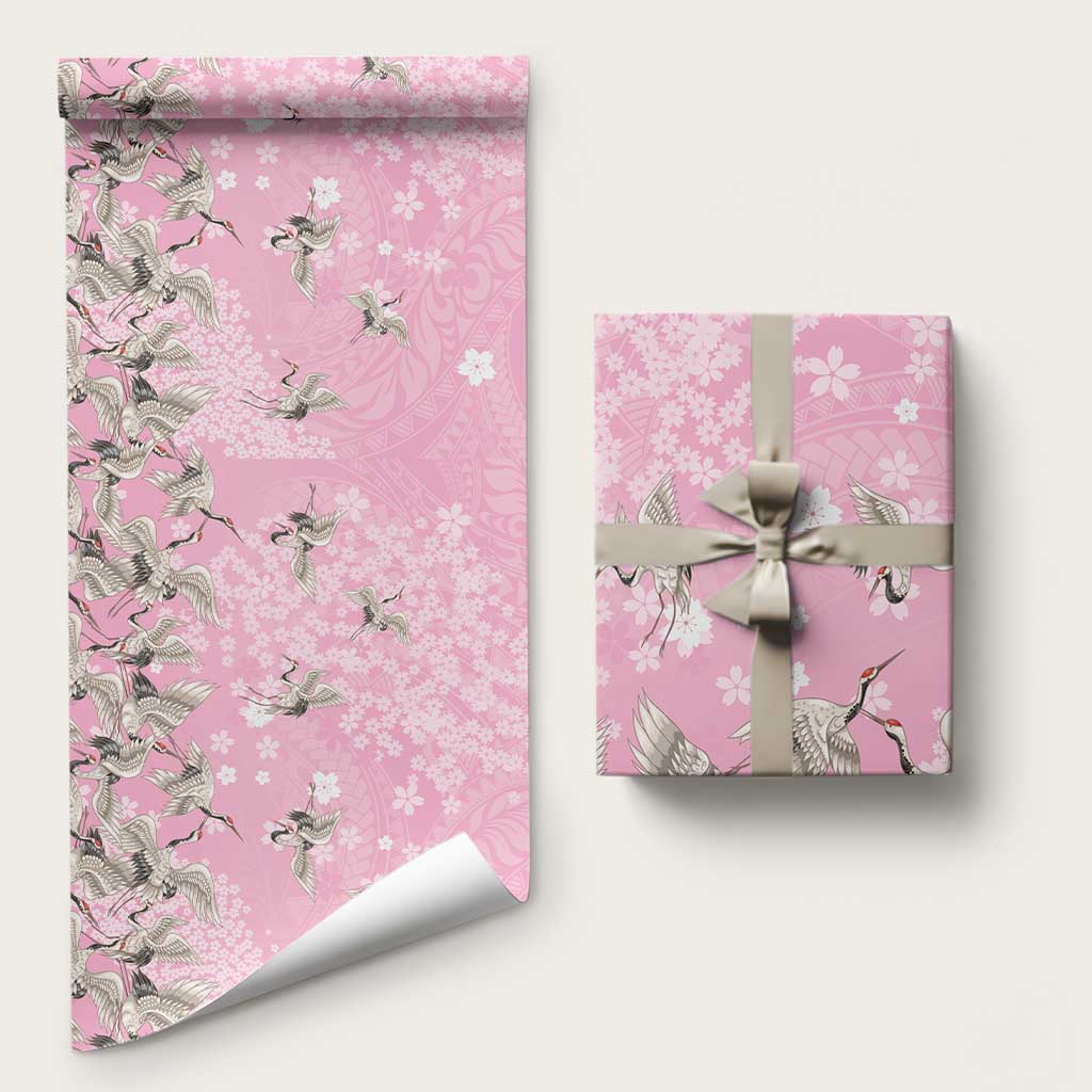 Cranes Sakura Floral Pink Pastel Wrapping Paper Hawaii Japan Culture LT01 58" × 23" Pink - Polynesian Pride