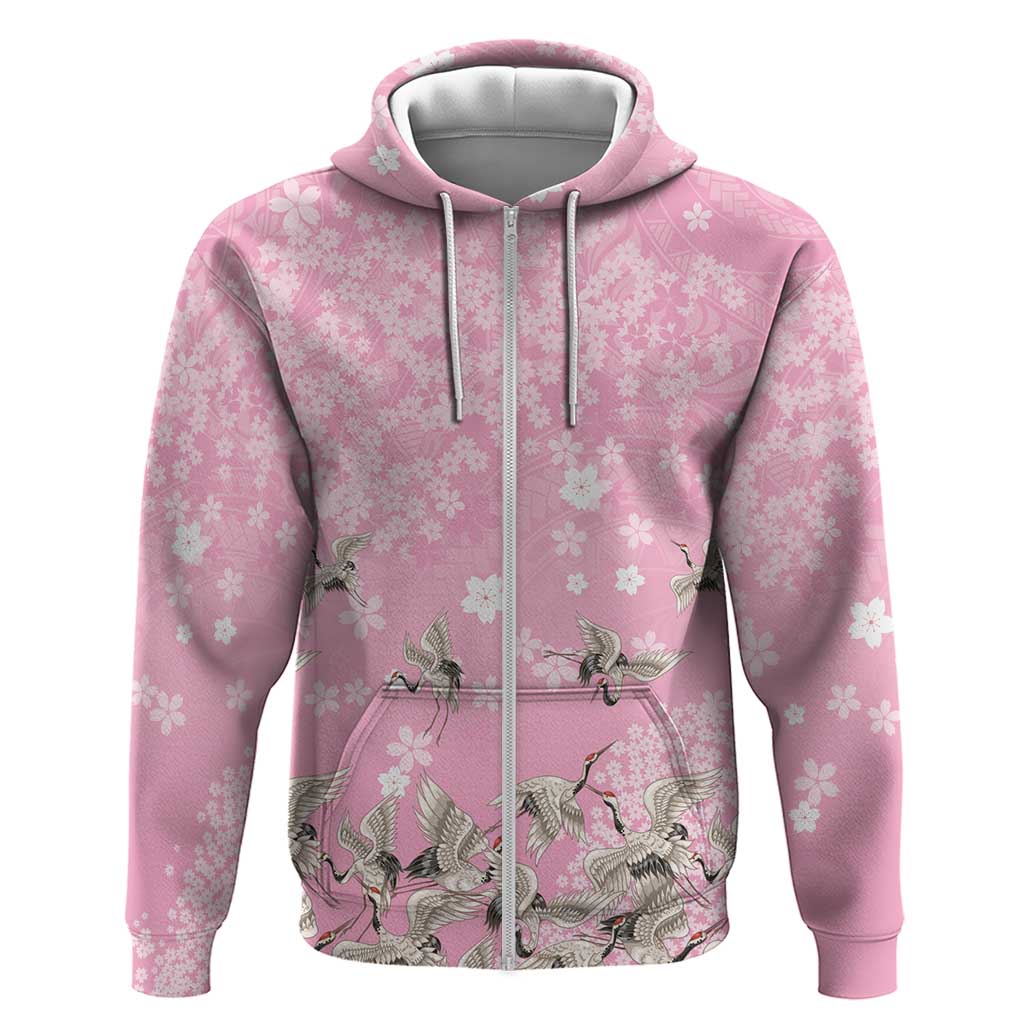 Cranes Sakura Floral Pink Pastel Zip Hoodie Hawaii Japan Culture LT01 Zip Hoodie Pink - Polynesian Pride
