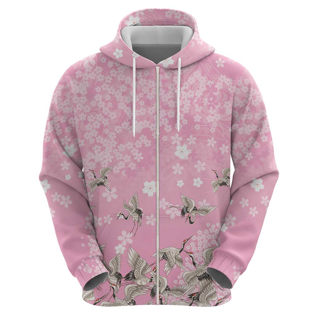 Cranes Sakura Floral Pink Pastel Zip Hoodie Hawaii Japan Culture LT01 - Polynesian Pride