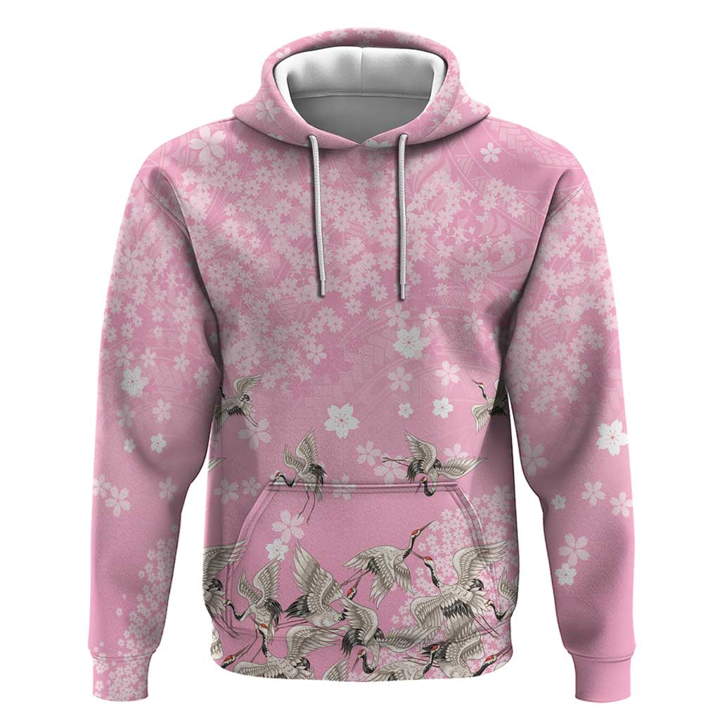 Cranes Sakura Floral Pink Pastel Zip Hoodie Hawaii Japan Culture LT01 Pullover Hoodie Pink - Polynesian Pride