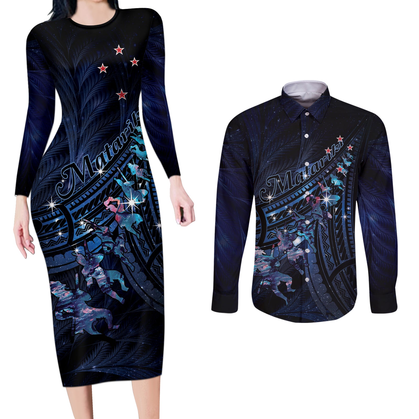 Personalised Matariki Paua Shell New Zealand Couples Matching Long Sleeve Bodycon Dress and Long Sleeve Button Shirt Haka Dance At The Starry Night