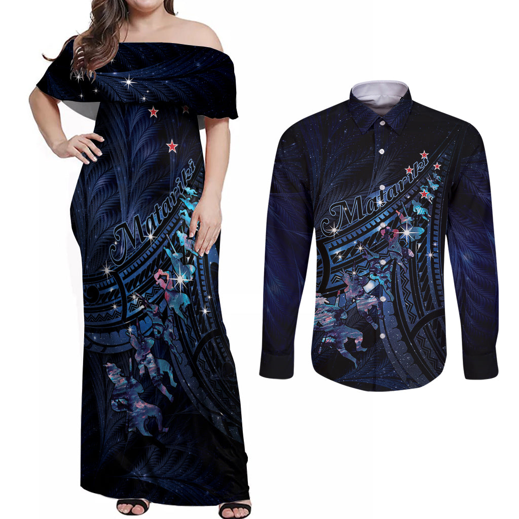 Personalised Matariki Paua Shell New Zealand Couples Matching Off Shoulder Maxi Dress and Long Sleeve Button Shirt Haka Dance At The Starry Night