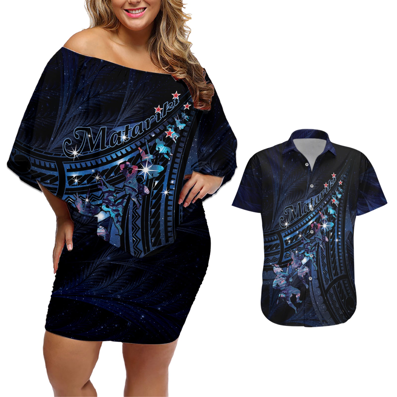 Personalised Matariki Paua Shell New Zealand Couples Matching Off Shoulder Short Dress and Hawaiian Shirt Haka Dance At The Starry Night