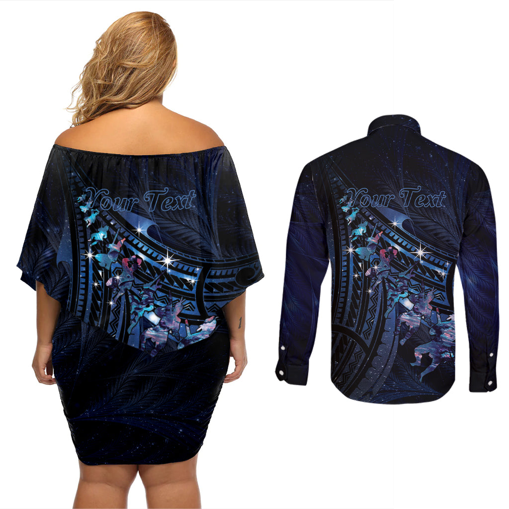 Personalised Matariki Paua Shell New Zealand Couples Matching Off Shoulder Short Dress and Long Sleeve Button Shirt Haka Dance At The Starry Night
