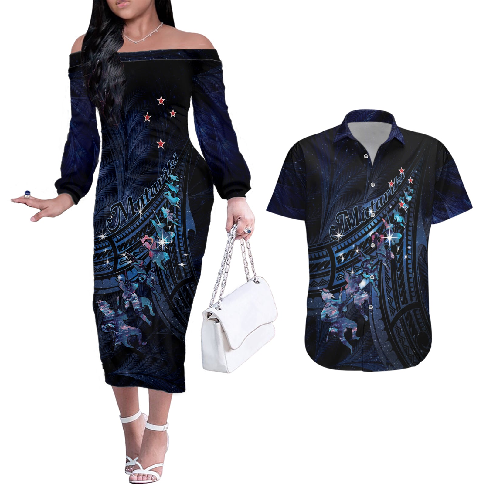 Personalised Matariki Paua Shell New Zealand Couples Matching Off The Shoulder Long Sleeve Dress and Hawaiian Shirt Haka Dance At The Starry Night