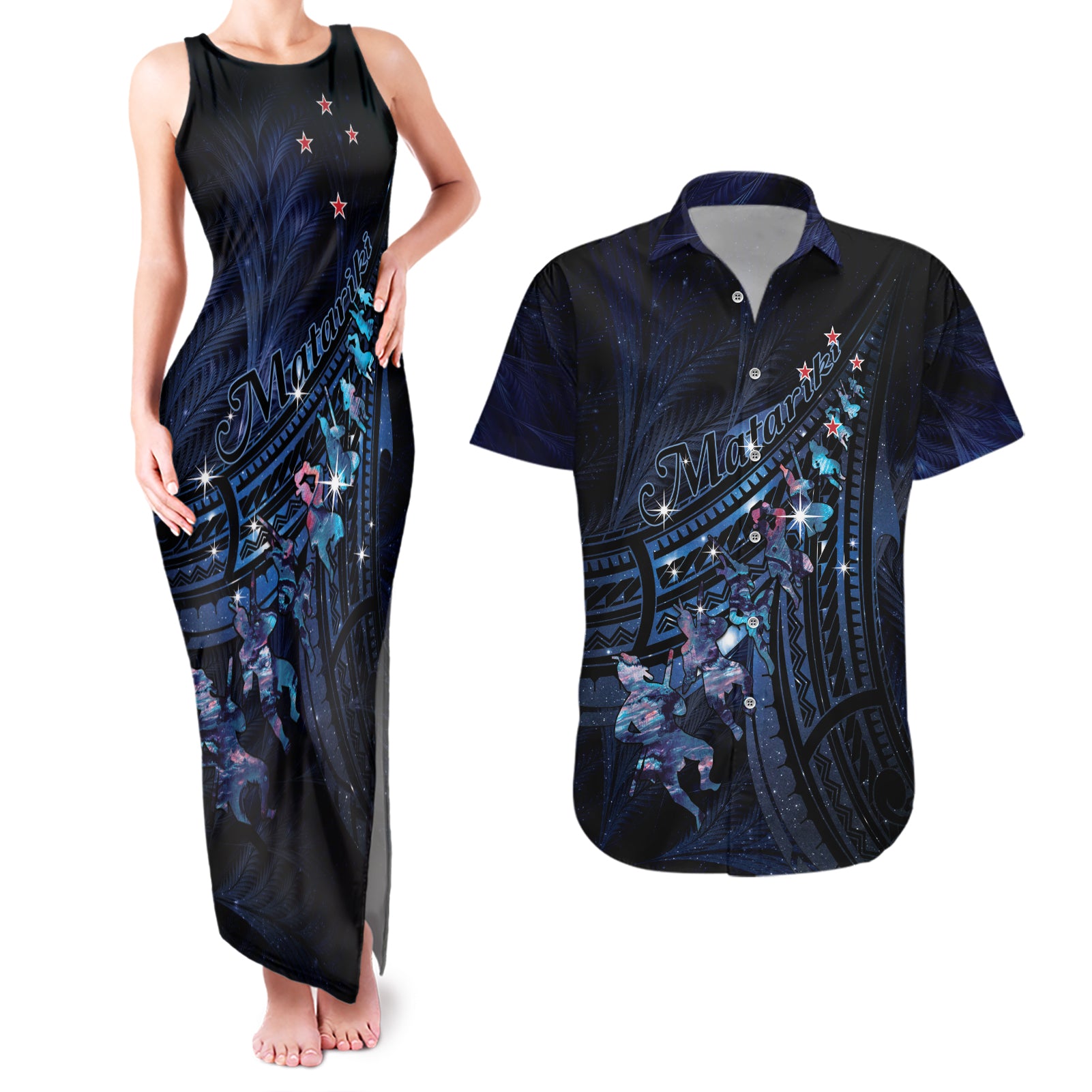 Personalised Matariki Paua Shell New Zealand Couples Matching Tank Maxi Dress and Hawaiian Shirt Haka Dance At The Starry Night