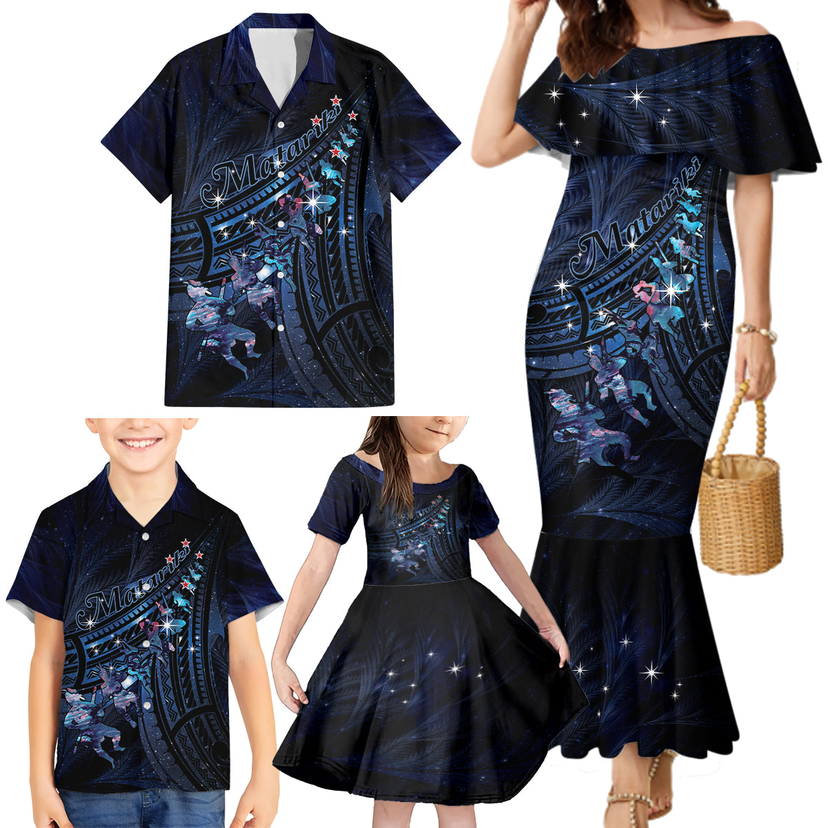 Personalised Matariki Paua Shell New Zealand Family Matching Mermaid Dress and Hawaiian Shirt Haka Dance At The Starry Night