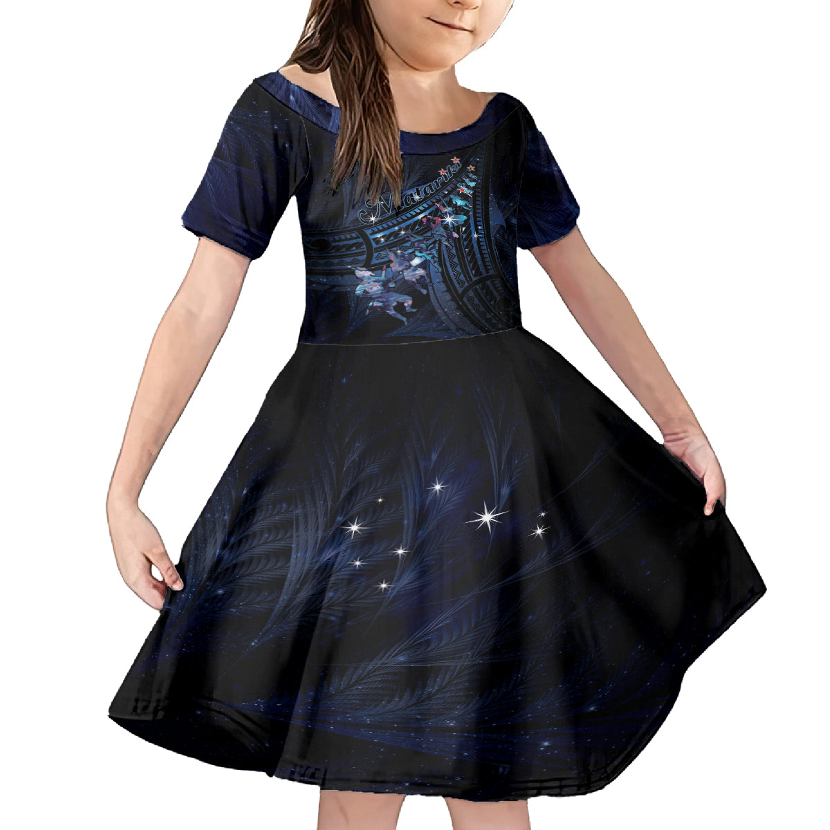 Personalised Matariki Paua Shell New Zealand Kid Short Sleeve Dress Haka Dance At The Starry Night