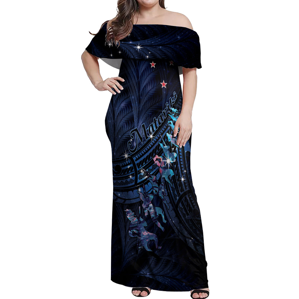 Personalised Matariki Paua Shell New Zealand Off Shoulder Maxi Dress Haka Dance At The Starry Night