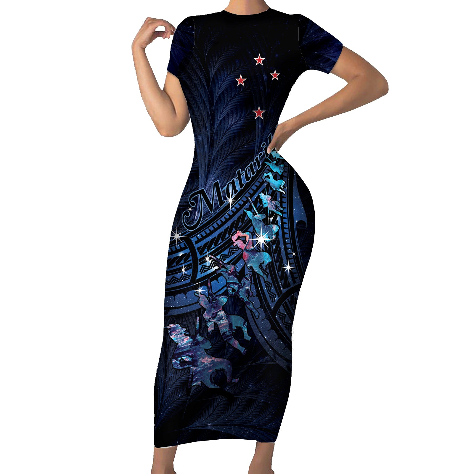 Personalised Matariki Paua Shell New Zealand Short Sleeve Bodycon Dress Haka Dance At The Starry Night