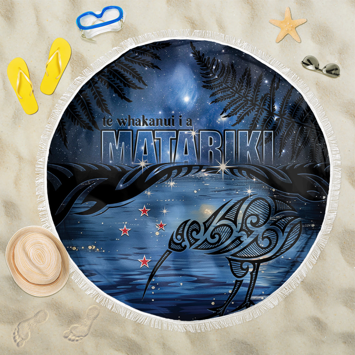 Matariki Kiwi Beach Blanket Silver Fern LT01 One Size 150cm Black - Polynesian Pride