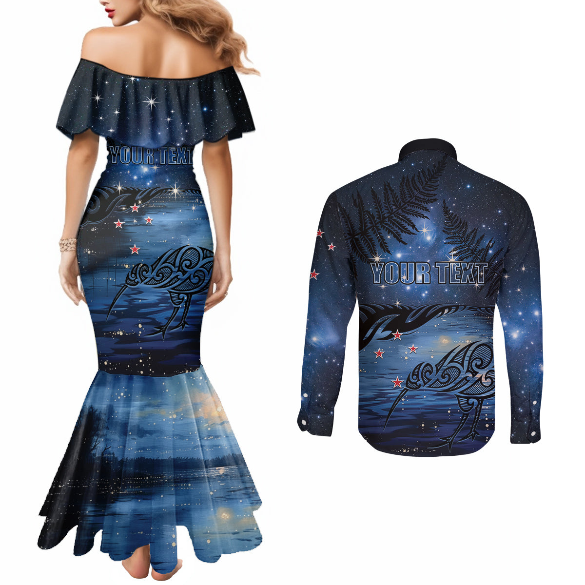 Personalised Matariki Kiwi Couples Matching Mermaid Dress and Long Sleeve Button Shirt Silver Fern