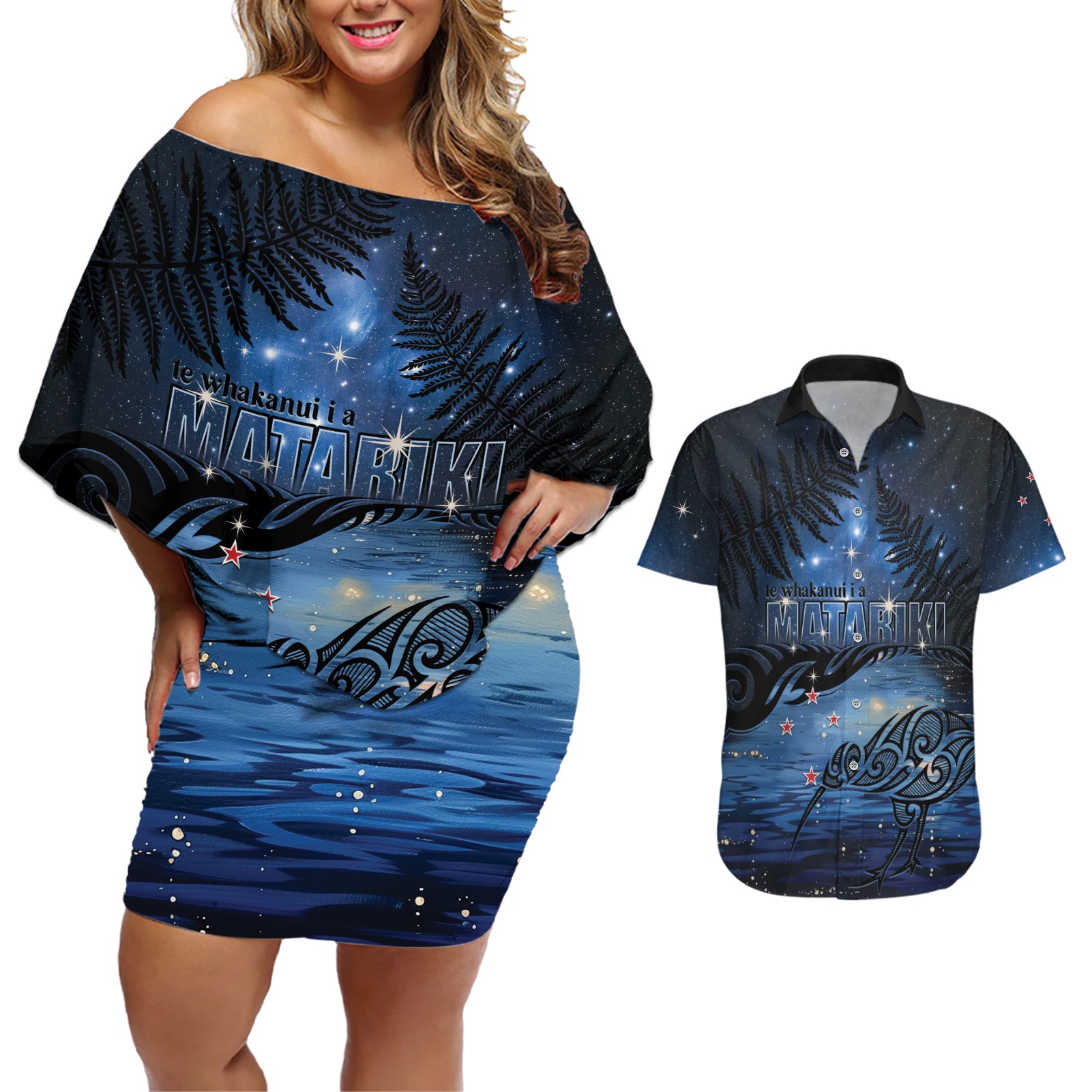 Personalised Matariki Kiwi Couples Matching Off Shoulder Short Dress and Hawaiian Shirt Silver Fern