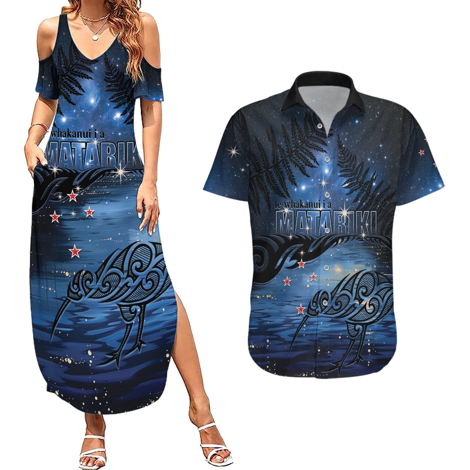 Personalised Matariki Kiwi Couples Matching Summer Maxi Dress and Hawaiian Shirt Silver Fern