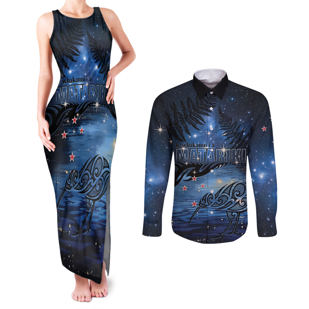 Personalised Matariki Kiwi Couples Matching Tank Maxi Dress and Long Sleeve Button Shirt Silver Fern