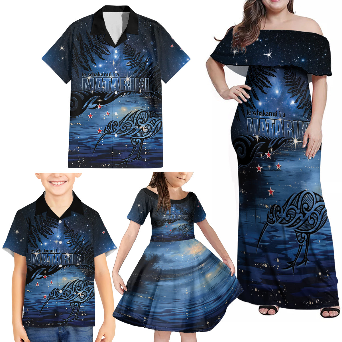 Personalised Matariki Kiwi Family Matching Off Shoulder Maxi Dress and Hawaiian Shirt Silver Fern