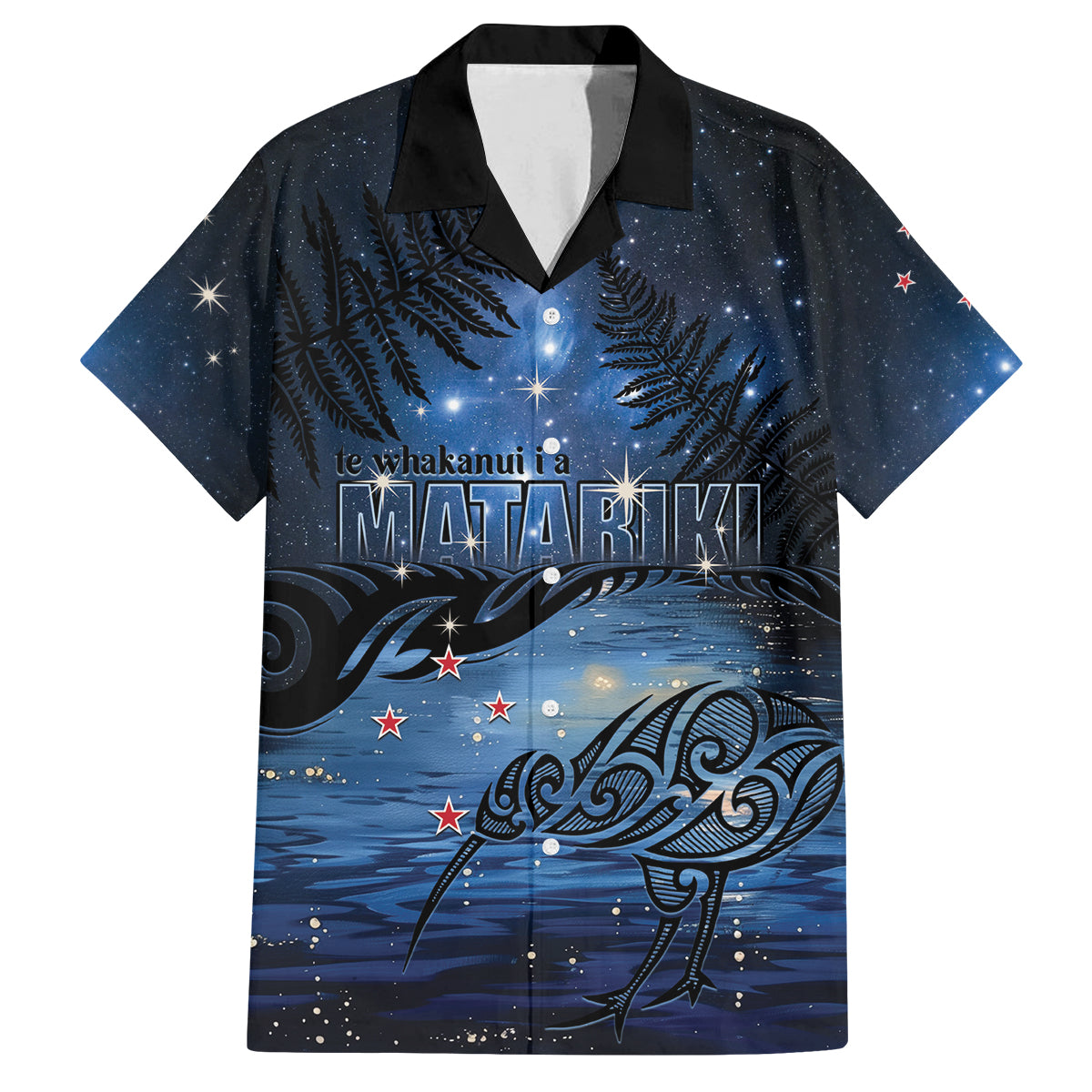 Personalised Matariki Kiwi Family Matching Puletasi and Hawaiian Shirt Silver Fern LT01 Dad's Shirt - Short Sleeve Black - Polynesian Pride