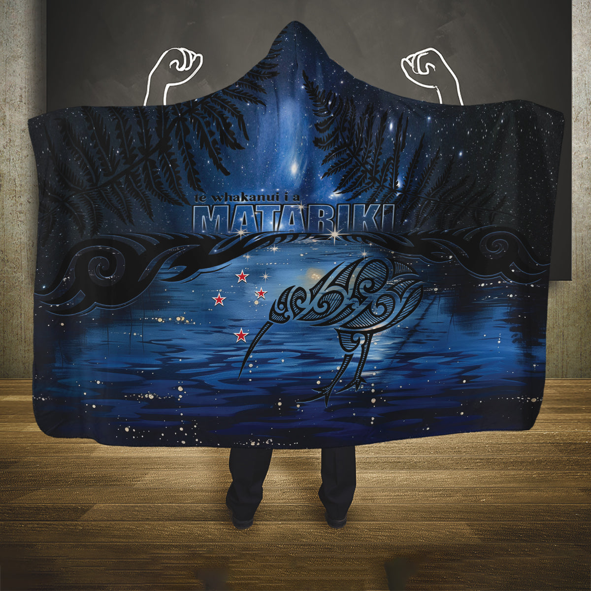 Matariki Kiwi Hooded Blanket Silver Fern LT01 One Size Black - Polynesian Pride