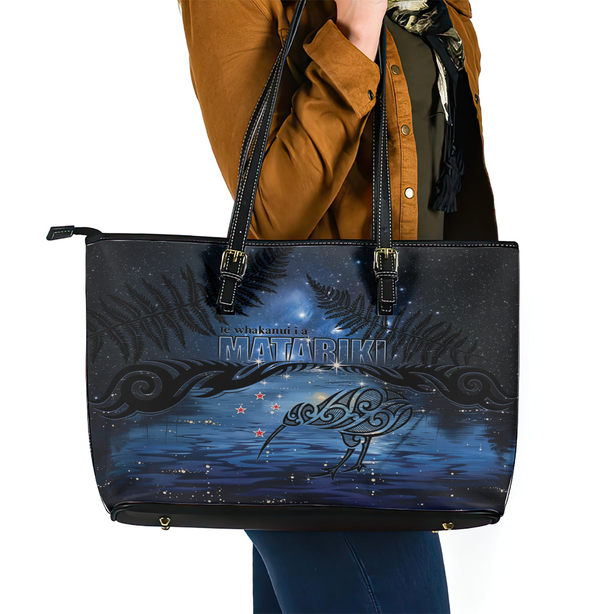 Matariki Kiwi Leather Tote Bag Silver Fern LT01 - Polynesian Pride